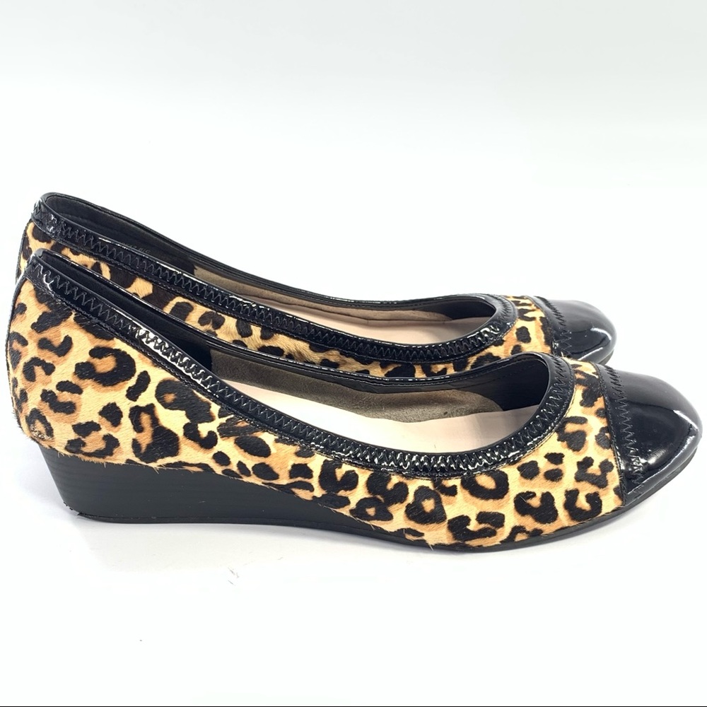 Cole Haan Elsie Leopard Print Calf Hair Patent Cap Toe Wedge